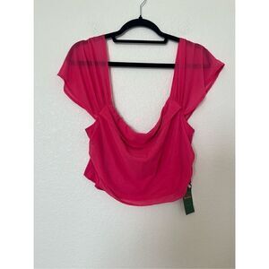 Off Shoulder Ruched Mesh Crop Top Hot Pink NEW